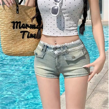 蕾丝拼接紧身牛仔超短裤女夏季美式辣妹包臀裤子低腰丰胯直筒热裤