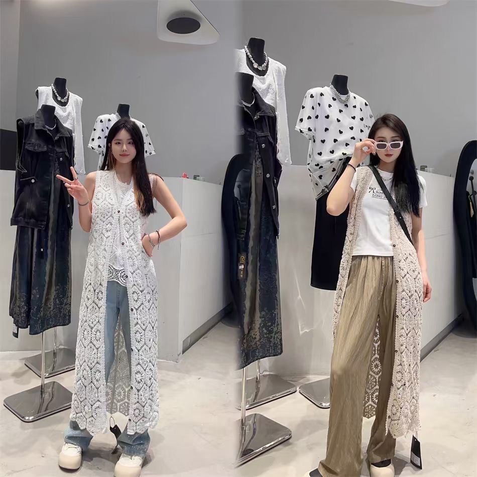 中长款马甲外套夏季女镂空针织小背心外搭无袖坎肩薄夏季外穿开衫