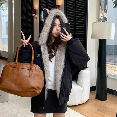 国潮座山雕猫耳连帽棉服外套女