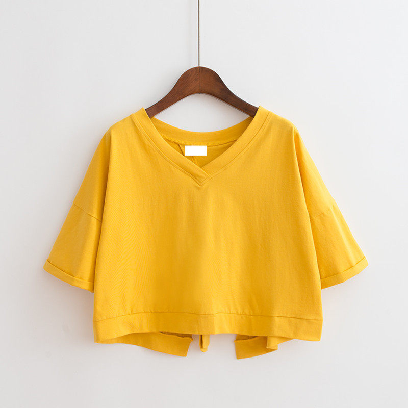 2025夏季纯色露背拼接开叉V领宽松短款上衣女学生绑带短袖T恤女装