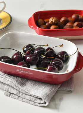 外单 两人份长方双耳焗烤碗红色陶瓷盘子烘焙烧烤耐高温烤箱