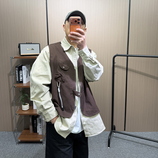 地卜师 2026春美式设计感假两件条纹衬衫男复古工装马甲拼接衬衣