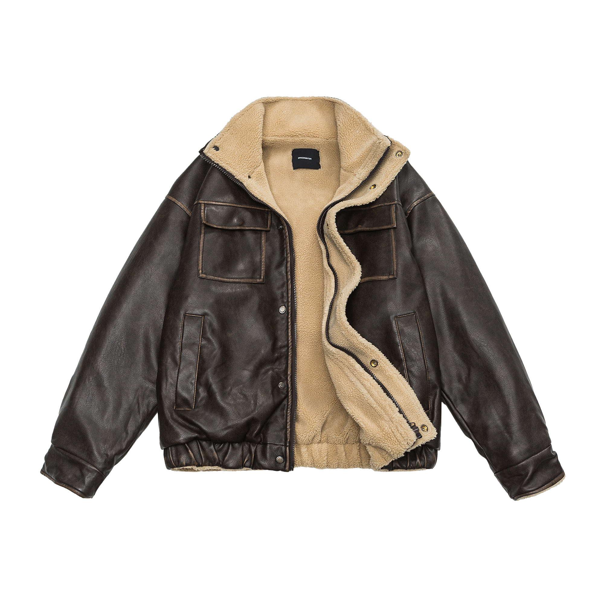 地卜师 复古羊羔毛外套男夹克加绒加厚冬季皮毛一体棉衣机车皮衣