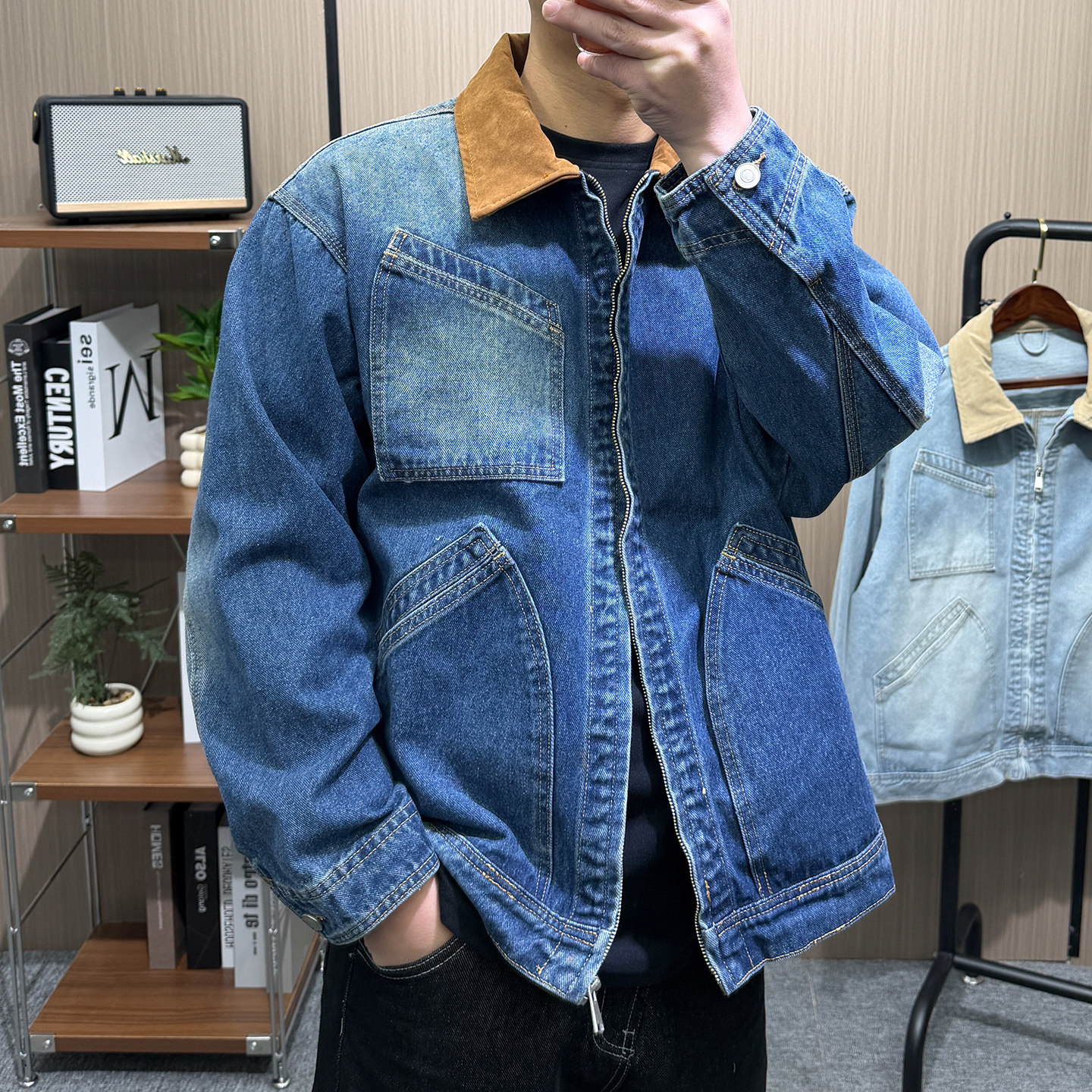 地卜师 2026春季渐变牛仔外套男美式复古水洗宽松翻领工装夹克