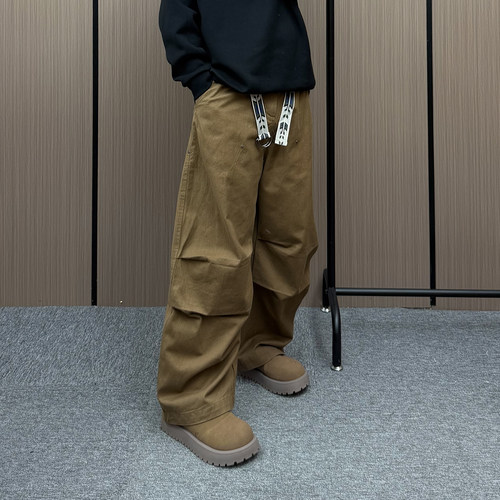 地卜师 全棉阔腿褶皱工装落伞长裤纯色日系宽松休闲美式复古男潮