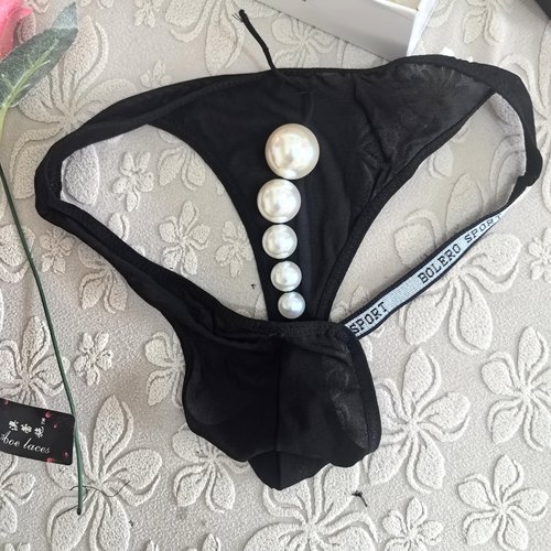 男士性感半臀部三角后挂5颗大珠子按摩刺激内裤衩丁字透明火辣T裤