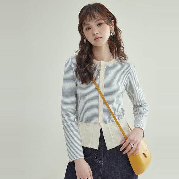 拼色条纹百褶下摆针织开衫秋季新款女装小众长袖上衣长袖毛衣外套,女装/女士精品,毛针织衫,淘宝优惠券,粉丝福利购,淘宝优惠卷