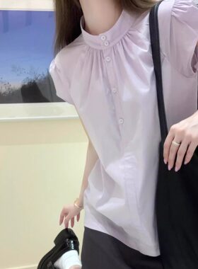 夏季设计感小飞袖立领短袖衬衫女