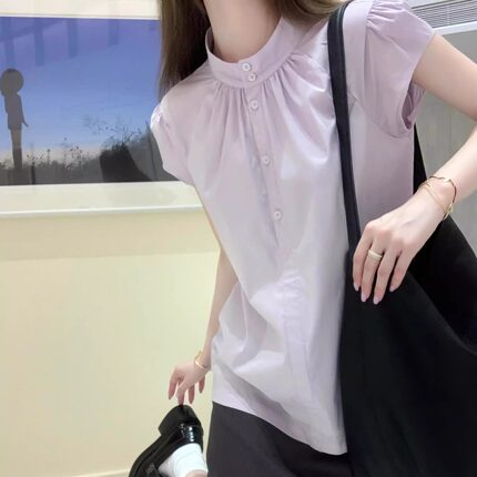 小飞袖立领短袖衬衫夏季新款女装设计感宽松显瘦紫色上衣衬衣