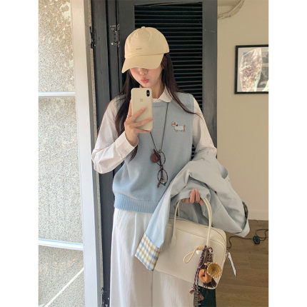 小狗针织马甲秋冬女装无袖背心针织衫圆领叠穿上衣坎肩马夹外搭