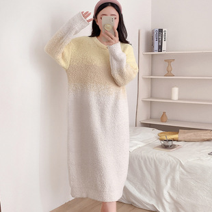 软绵绵睡裙女冬毛线针织宽松舒适减龄渐变睡衣长裙可外穿家居服