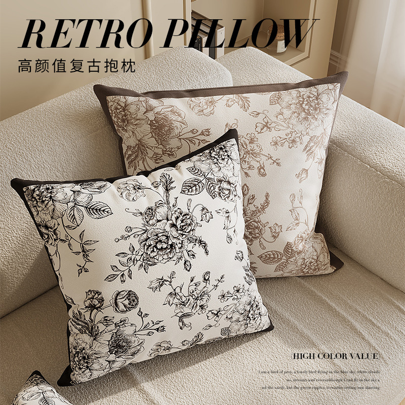 山茶花抱枕家用客厅沙发腰枕靠垫新中式会议室靠枕套抱枕布感