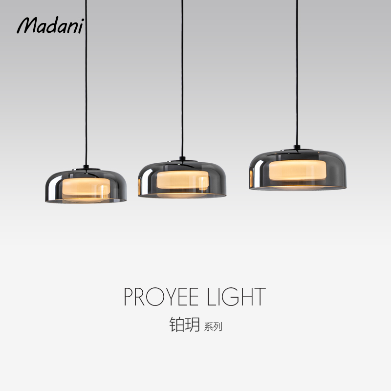 餐厅三头烟灰色玻璃岛台吊灯护眼柔光轻奢餐桌吧台灯具