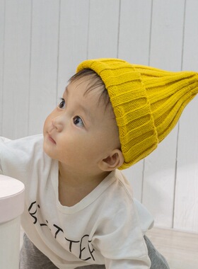 秋冬季韩版纯色尖顶翻边百搭保暖针织毛线帽男女宝宝儿童亲子 潮