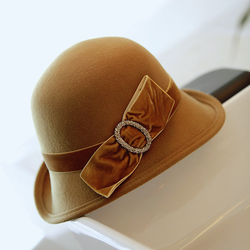 俏皮可爱多色丝绒蝴蝶结羊毛呢冬帽女渔夫卷边礼帽知性优雅韩版帽