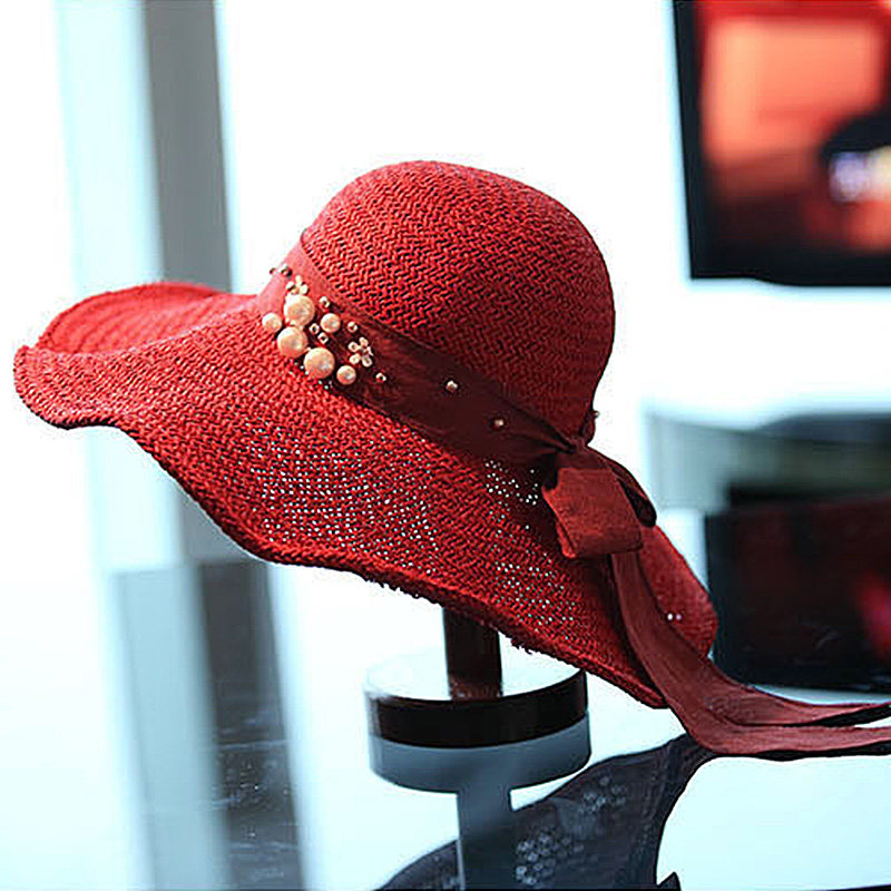 遮阳帽女防晒大沿帽折叠蝴蝶结波浪边沙滩帽夏天可折飘带渔夫草帽