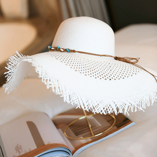 度假风大帽檐草帽女夏季防晒遮阳沙滩帽毛边纯手工编织白色浪漫帽