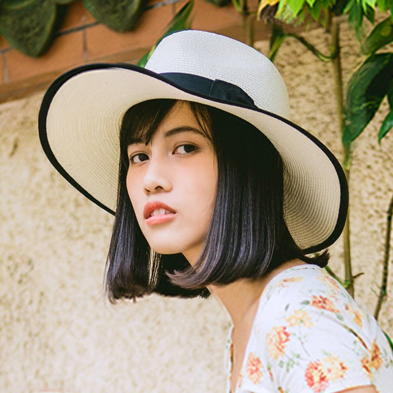 宽檐大边撞色防晒太阳帽遮阳帽简约编织草帽潮流韩版大边帽女日系