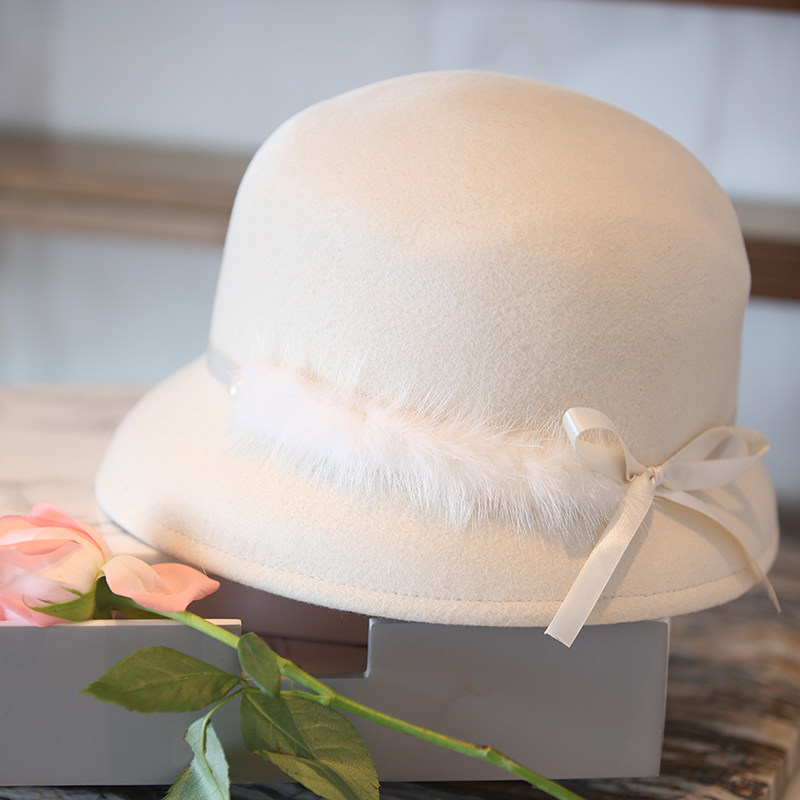 秋冬羊毛呢礼帽渔夫帽女圆顶盆帽出游优雅羽毛丝带蝴蝶黑白色,服饰配件/皮带/帽子/围巾,帽子,淘宝优惠券,粉丝福利购,淘宝优惠卷