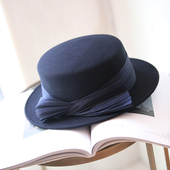 定型气场秋冬平顶平檐羊毛呢礼帽休闲帽出游真丝麻女复古帽蝴蝶结