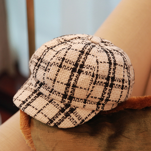 LMeetU 2020英伦文艺格子八角报童帽黑白复古鸭舌帽简约女士帽子
