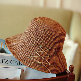 复古草帽咖色优雅休闲遮阳帽拉菲草天然草女士春夏可折叠防晒帽子
