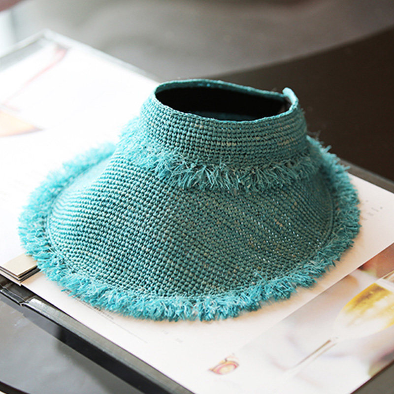 空顶草帽拉菲草毛边夏天户外遮阳帽女鸭舌帽大沿度假出游时尚防晒