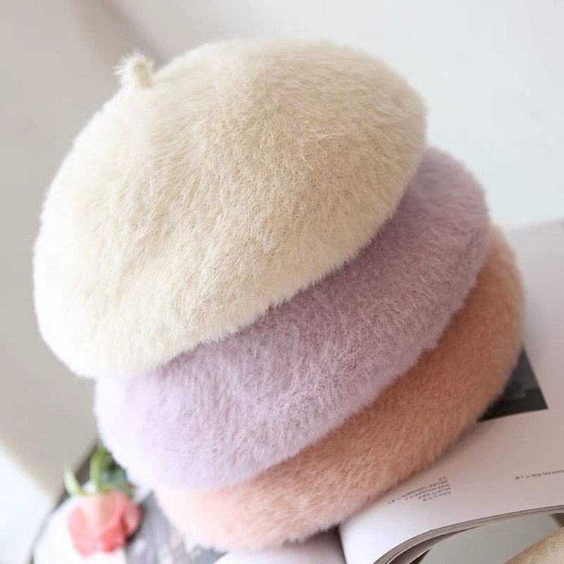 兔毛贝雷帽女士休闲帽子时尚百搭画家帽秋冬季保暖帽时尚女帽新帽