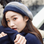 甜蜜光阴羊毛贝雷黄色蓝色日系休闲贝雷帽女蓓蕾帽画家帽时尚 条纹