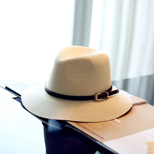 日式文艺皮带遮阳帽女士防晒草帽海边沙滩度假帽子日常草编帽夏天