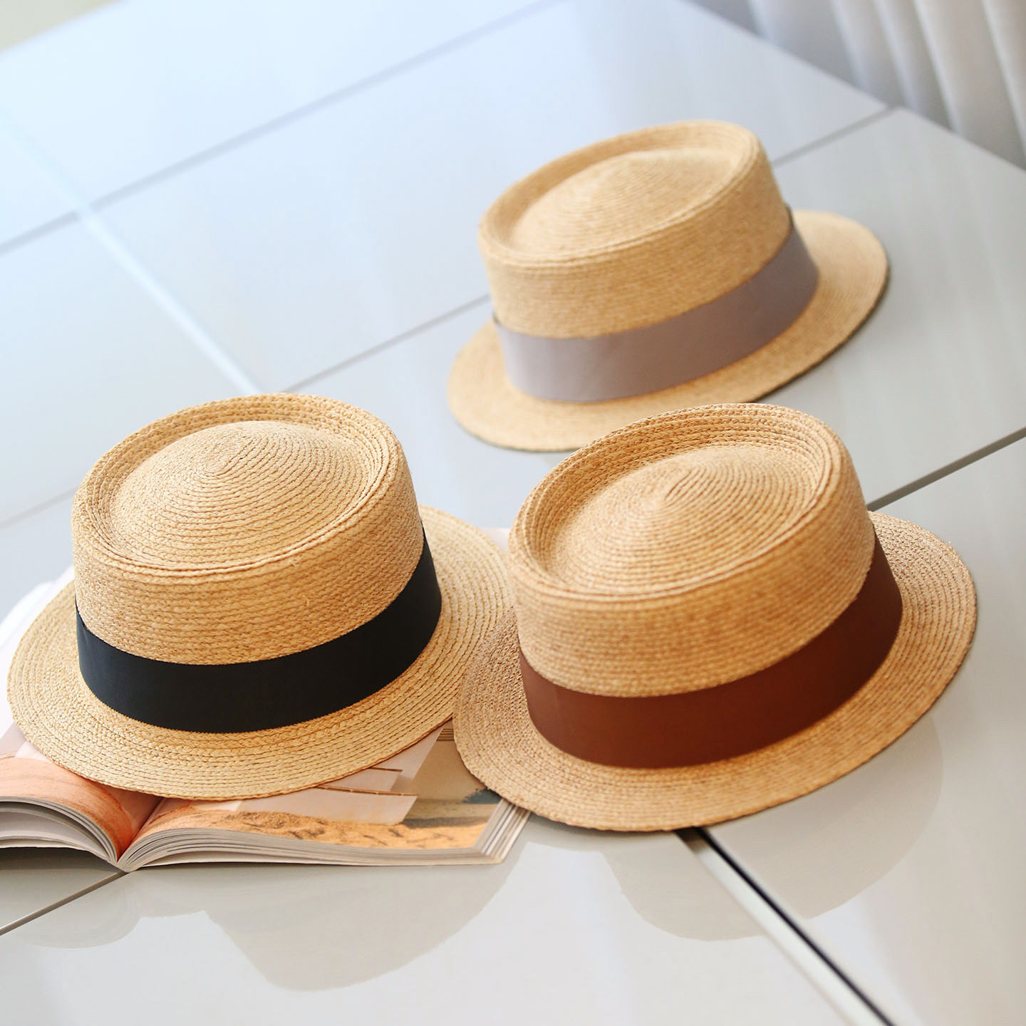 法式拉菲草凹凸帽顶草帽女夏防晒度假遮阳帽丝带装饰礼帽出游帽子