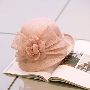 优雅麻纱帽子女士春夏季花朵复古短檐装饰宴会礼帽凉帽卷边遮阳帽