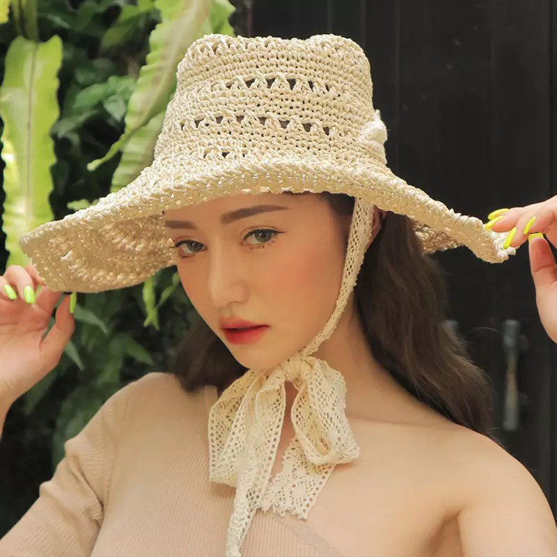 心荡漾 草编镂空蕾丝花边绑带春夏遮阳帽女士海边沙滩帽防晒草帽