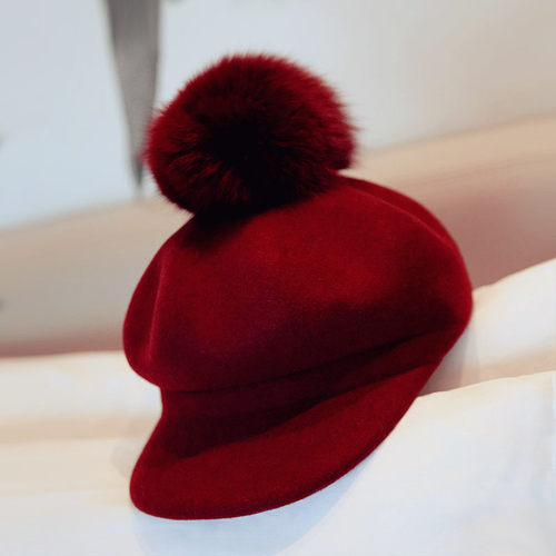 复古酒红色大毛毛球可羊毛帽帽子