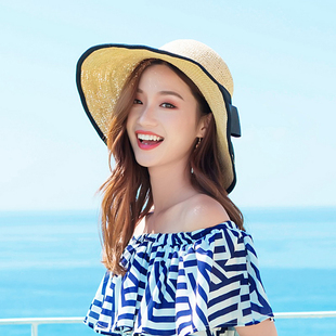 新品拉菲草宽檐大边帽子黑色包边遮阳帽女士防晒沙滩时尚出游草帽