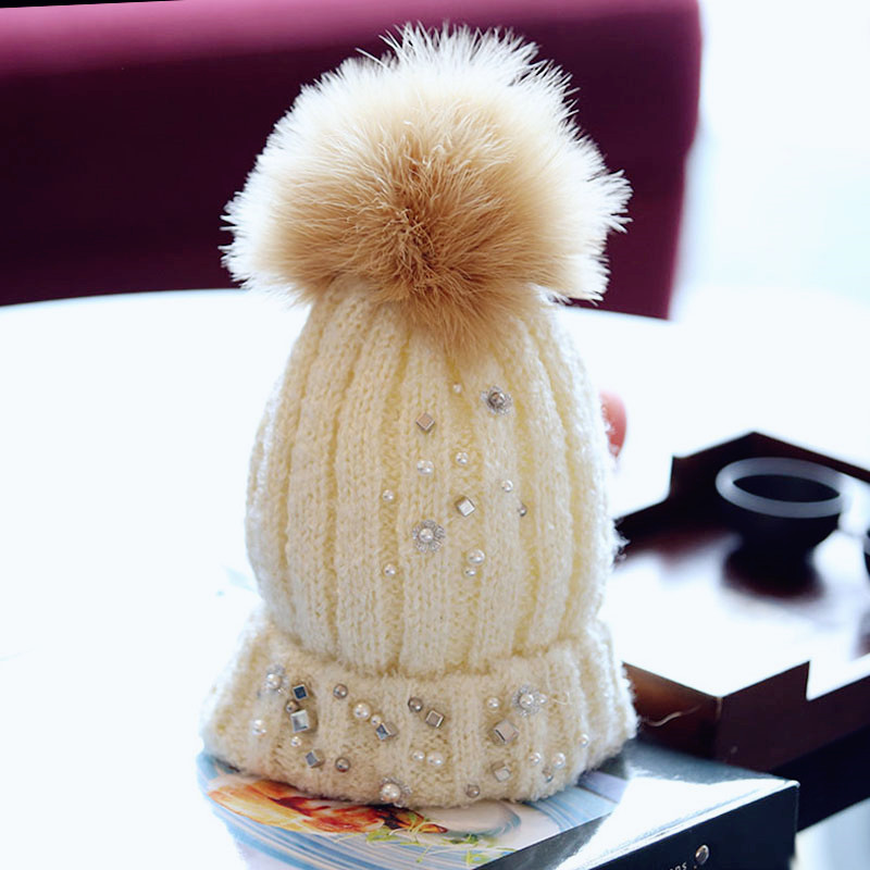 点点滴滴的感动精致钉珠宽松毛线萌帽女士秋冬保暖针织帽鸵鸟毛球