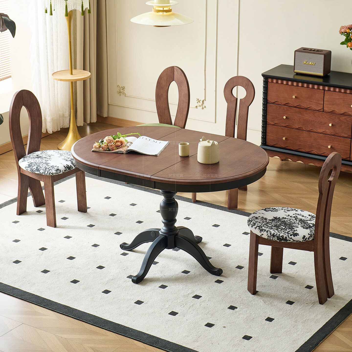 法式复古实木椭圆形美式折叠伸缩餐桌小户型靠墙圆桌家用吃饭桌子