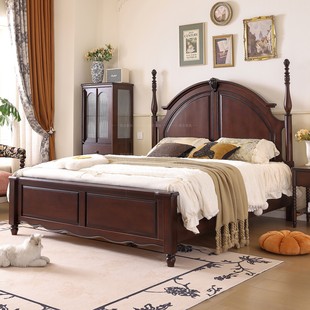 美式 复古双人床大床 复古实木床1.8m双人主卧婚床樱桃木实木床法式