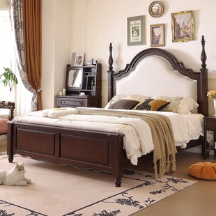 法式 复古风实木床1.8m双人主卧婚床樱桃木软靠立柱实木床双人床