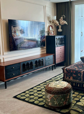 法式复古实木复古电视柜茶几组合收纳储物柜小户型客厅家用电视柜