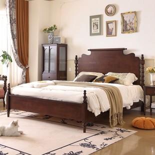 中古风实木床双人1.8米樱桃木主卧大床法式 主卧床 复古实木床美式