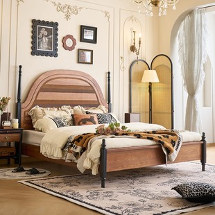 法式 双人白蜡木高靠背主卧1.5米全实木床 复古床中古风床1米8美式