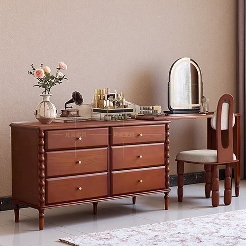 中古风梳妆台黑色复古斗柜一体化妆台小户型伸缩实木卧室化妆桌子