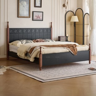 法式 复古实木床黑色床红橡木家具简约现代实木床1.8米主卧床