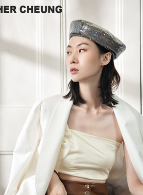 ESTHER CHEUNG{青绿}新中式羊毛呢贝雷帽女大头围复古格子画家帽