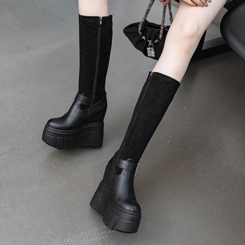 14cm不过膝长靴女厚底内增高2025新款长筒靴坡跟短靴小个子马丁靴