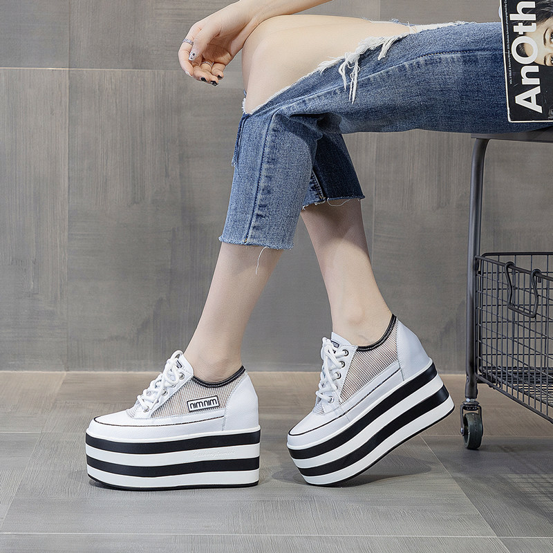 12cm内增高透气休闲鞋2025夏季厚底超高跟网面真皮网纱松糕鞋女33,女鞋,深口单鞋,淘宝优惠券,粉丝福利购,淘宝优惠卷