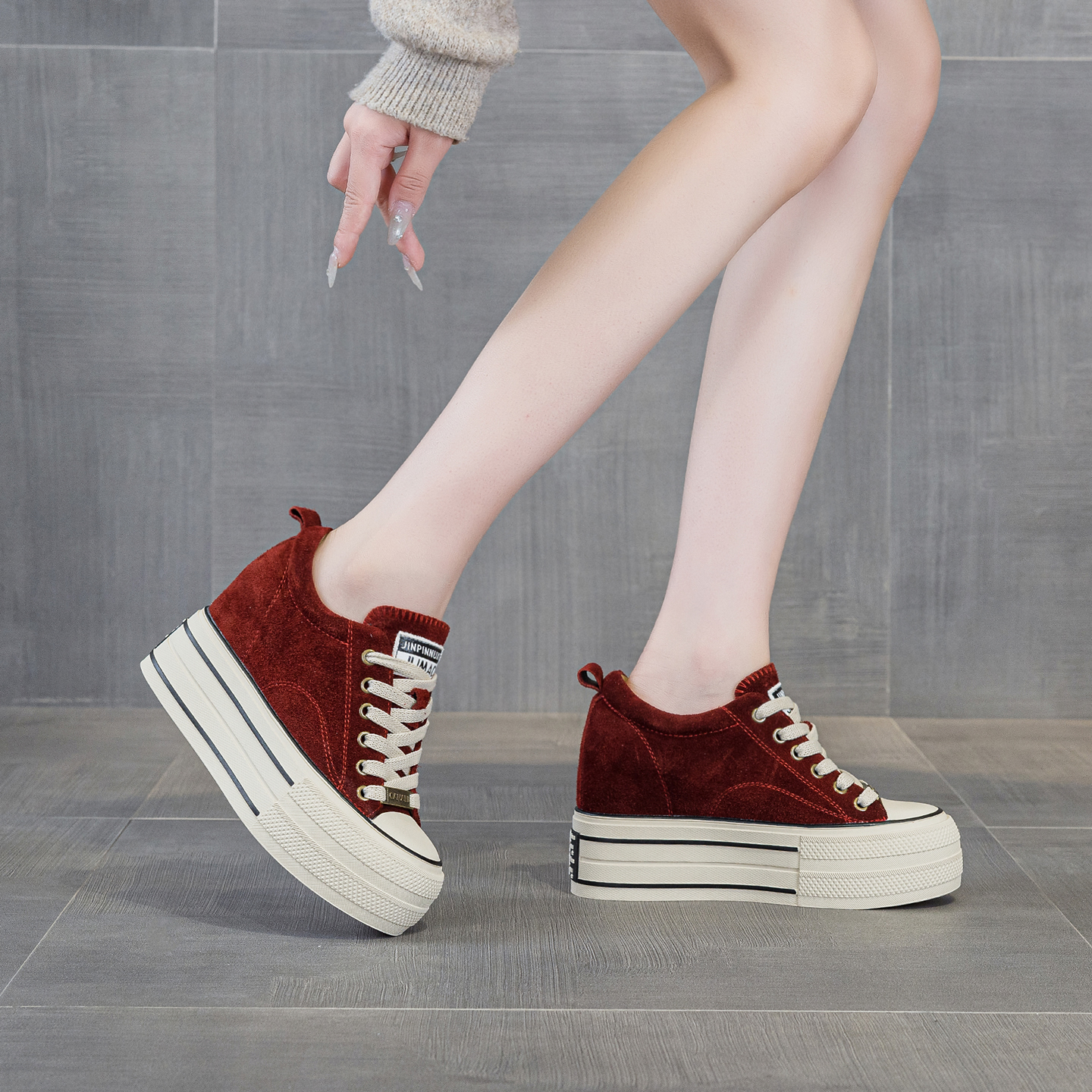 10公分内增高女鞋红色厚底真皮潮