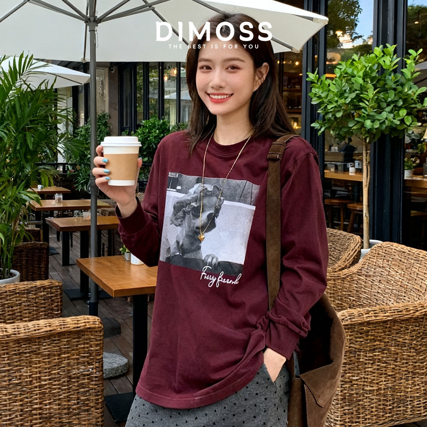 莉贝琳毛绒萌友25年新款擦毛廓形百搭长袖休闲印花T恤女圆领上衣