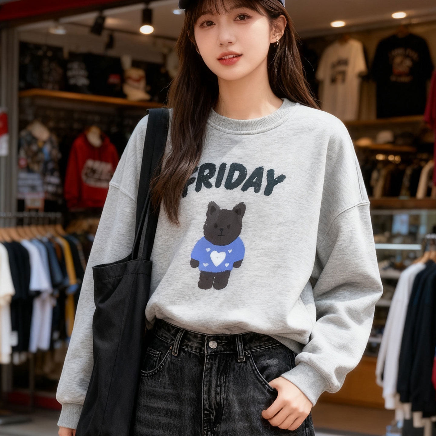 美式复古小熊灰色圆领套头卫衣女加绒加厚宽松慵懒风秋季百搭外套